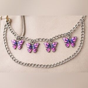Pink Butterfly Bag Charm Silver Chain Purse Accessory Y2K Fairycore Enamel NEW